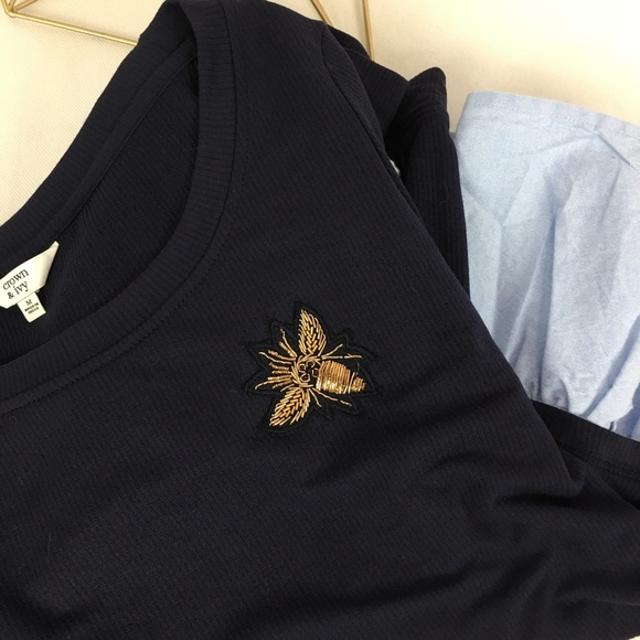 COPY - Crown & Ivy Gold Metallic Bee Embroidered Ruffle Hem Top - Picture 6 of 7